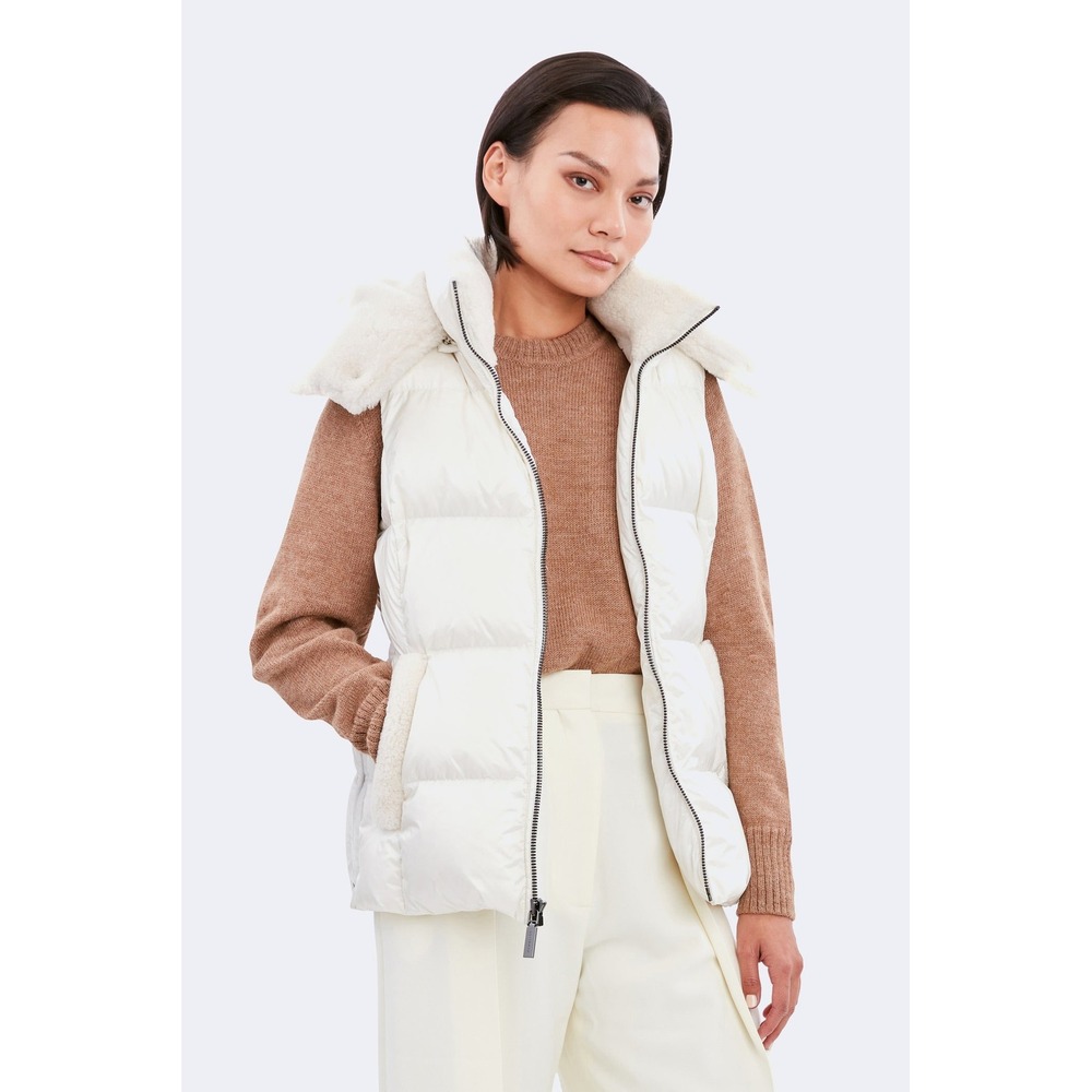 Dawn Levy Evelynn Alabaster White Down Puffer Vest with Real Shearling Trim S